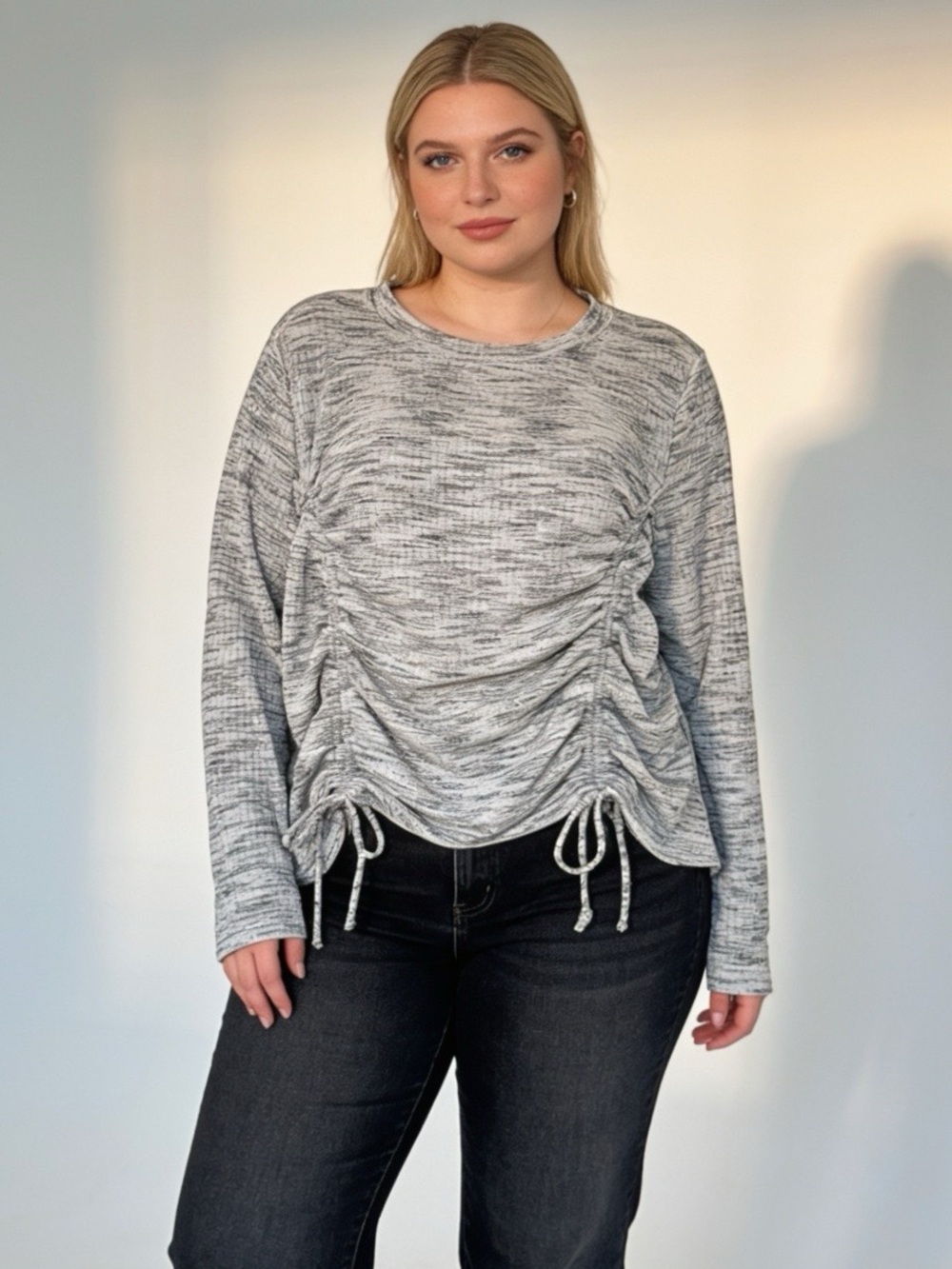 Lane Bryant Gray Space Dye Ruched Drawstring Long Sleeve Top 18 20